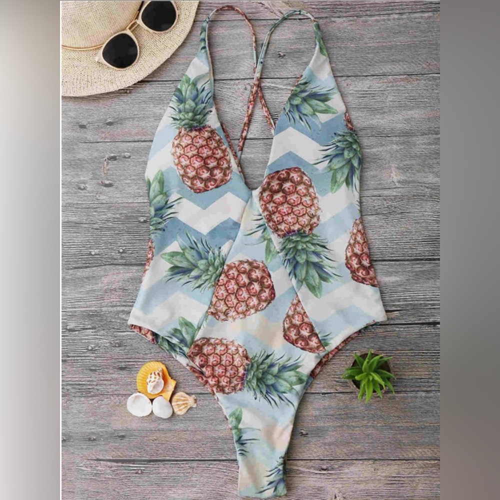 NWT Zaful Pineapple One Piece Bathing Suit, High cut, Cross Back Size 8